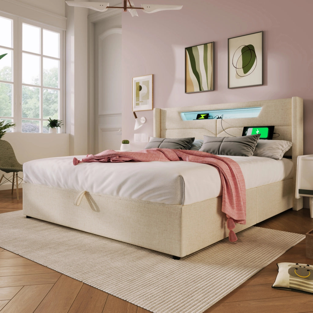 Letto matrimoniale imbottito 160x200 cm in lino beige con LED; USB e porta Type C