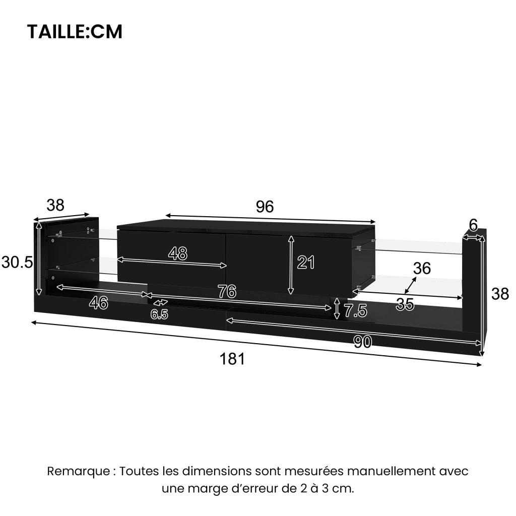 Mobile TV con 2 Cassetti a ribalta e LED per Soggiorno in Pannelli di Particelle 181×38×38 cm Nero