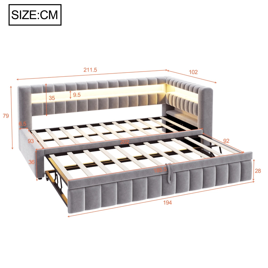 Letto imbottito estraibile 90x200 cm con LED, porte USB e Type-C, velluto grigio chiaro