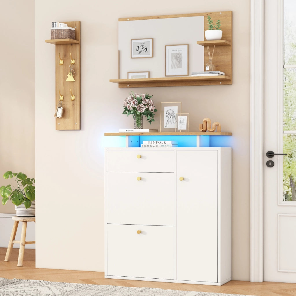 Mobili da ingresso con specchio, scarpiera a 3 vani e appendiabiti a 4 ganci, per corridoio, bianco, 105 × 25 × 151.5 cm