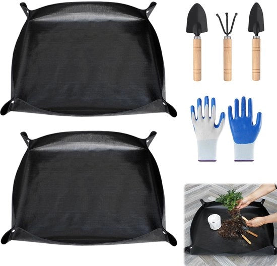 Mat di Giardino 2 pezzi 100x100cm Mat di Pianta impermeabile per la piantagione con attrezzi da giardino Mat di pianta pieghevole per la piantagione di piante grasse Interno (Nero)