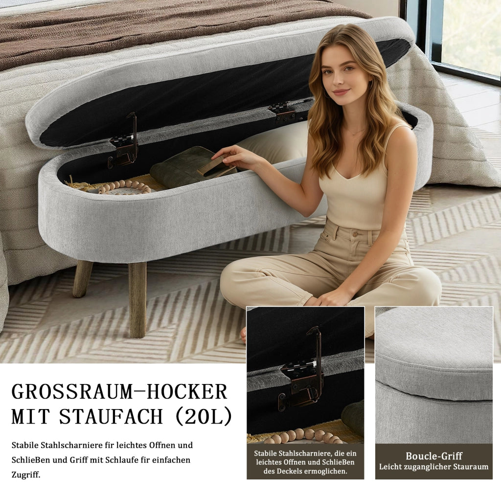 Panca contenitore in Chenille grigio con struttura in legno massello e vano 20 L