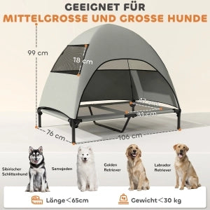 Lettino rialzato per cani con tetto parasole, 106 x 76 x 99 cm, grigio chiaro
