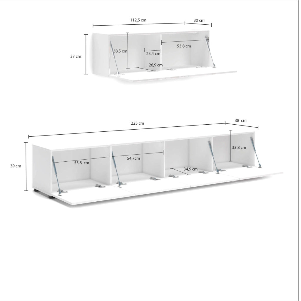 Mobile porta TV Vongfong, Credenza da soggiorno, Armadio basso per TV, Base parete attrezzata, Made in Italy, 225x38h39 cm, Bianco lucido