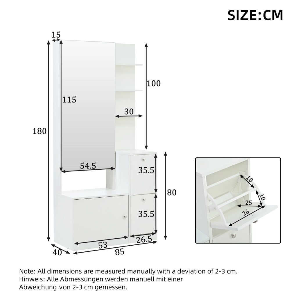 Mobile ingresso alto 85x40x180 cm in truciolare bianco con specchio; 2 ante e 5 ripiani