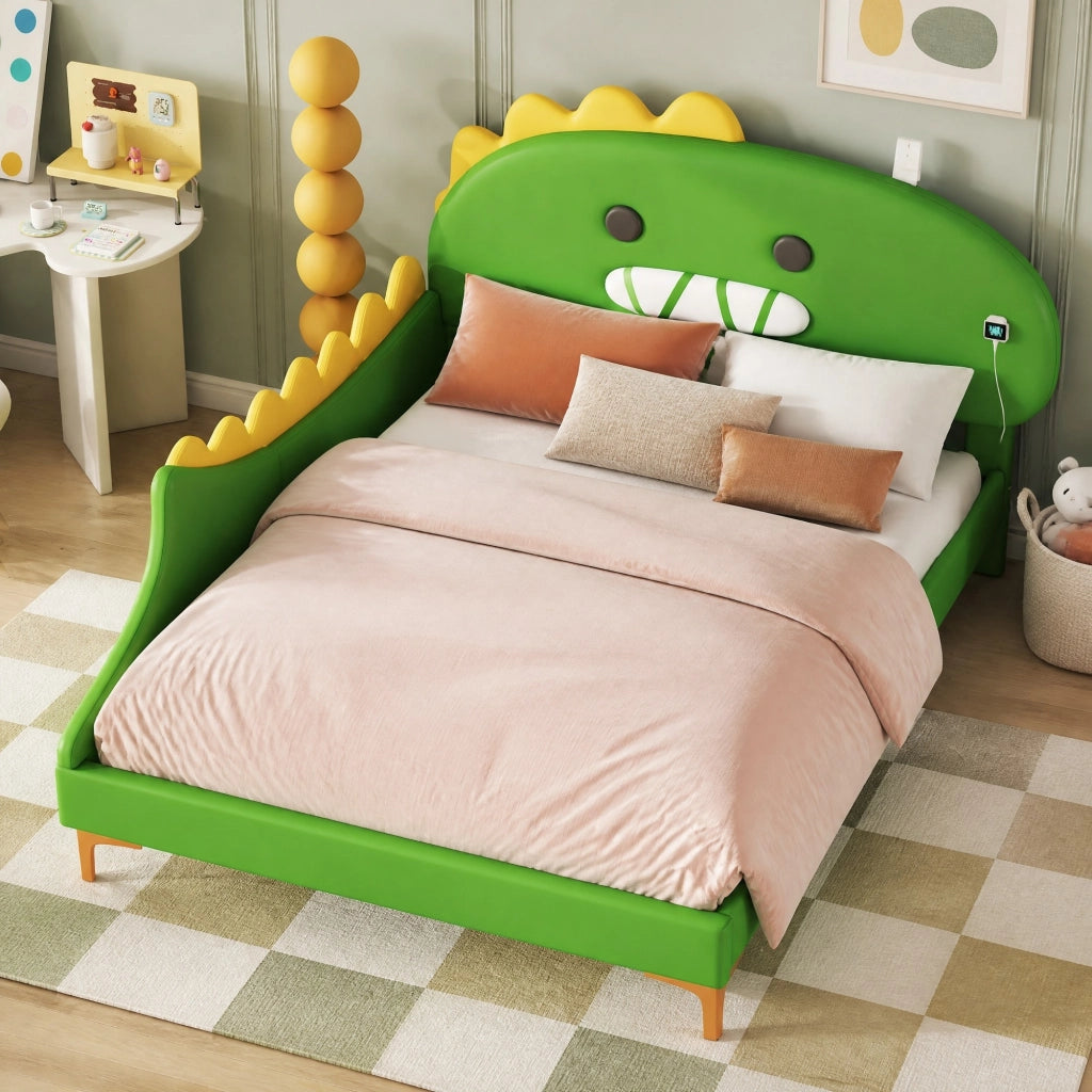 Letto per bambini 140x200 cm a forma di dinosauro, verde, in PU e MDF