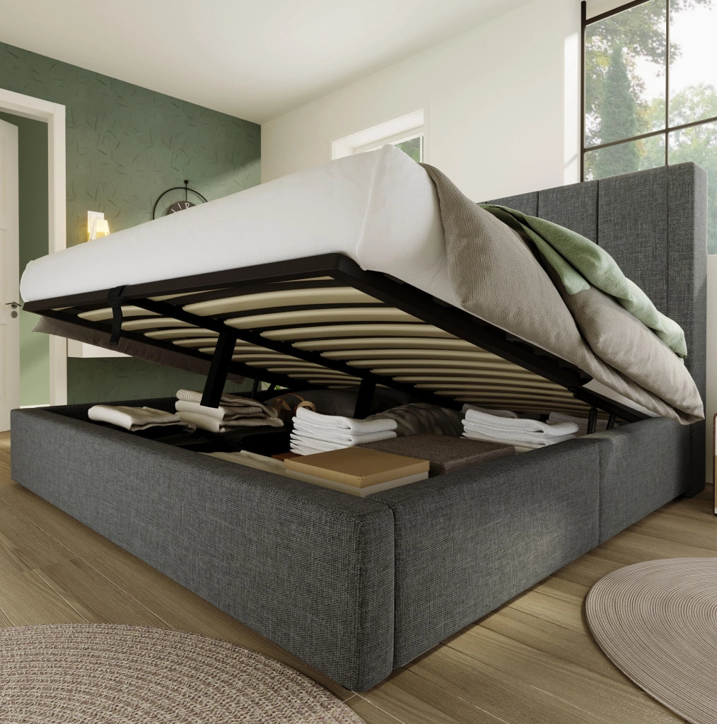 Letto matrimoniale imbottito 140x200 cm con contenitore; porta bicchieri e ricarica USB; lino grigio con materasso