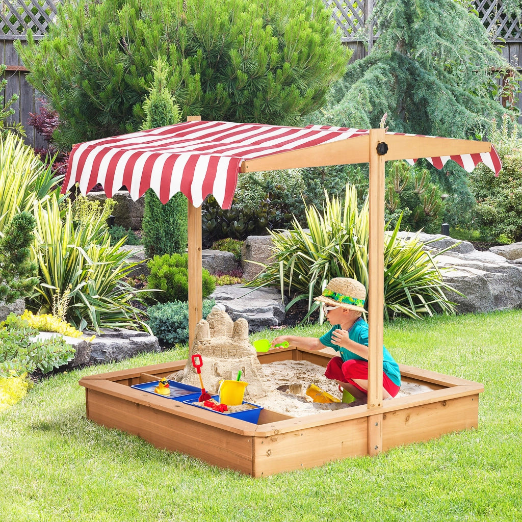 Sabbiera per Bambini in Legno con Tettuccio Regolabile, Sedute e Vaschette, 107.5x107.5x100 cm