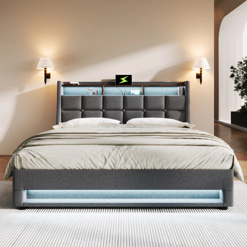 OKWISH Letto Contenitore 180×200 cm, Letto Matrimoniale con USB, LED Regolabile e Vano Contenitore, senza Materasso, in Lino, Grigio
