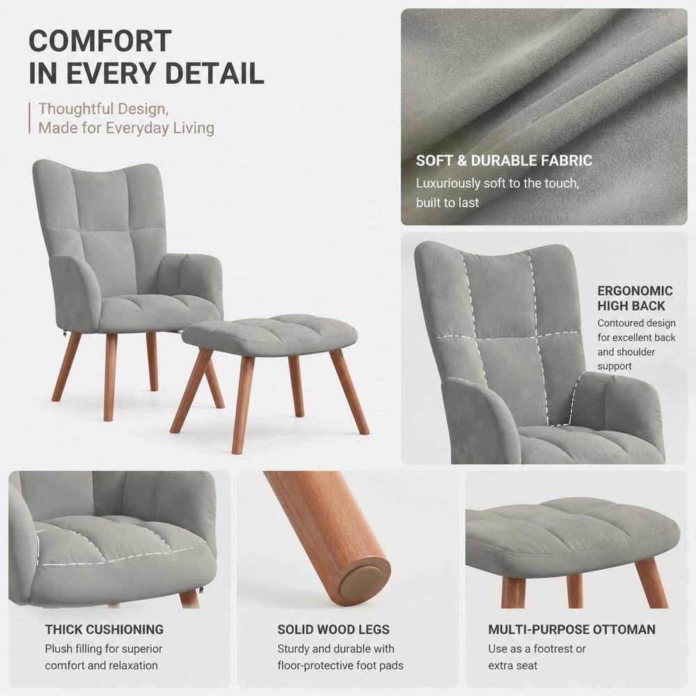 Reclining Armchair With Footstool, Light Grey Velvet