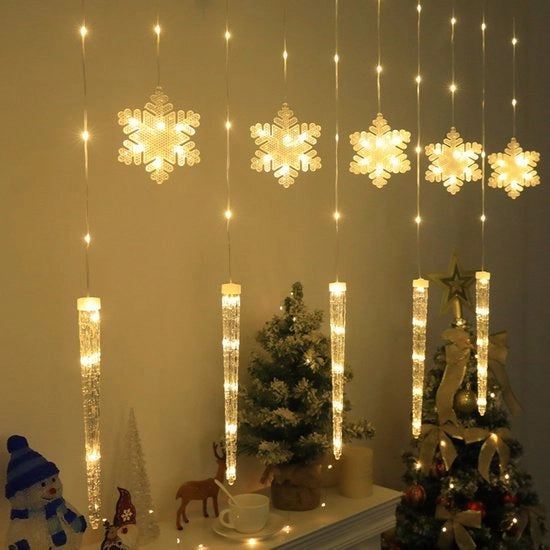 Decorazione di Natale luminosa, fili di luce a forma di corno di ghiaccio e fiocchi di neve, decorazione di Natale luminosa con filo per esterni, illuminazione per tende (3 metri, caldo bianco).