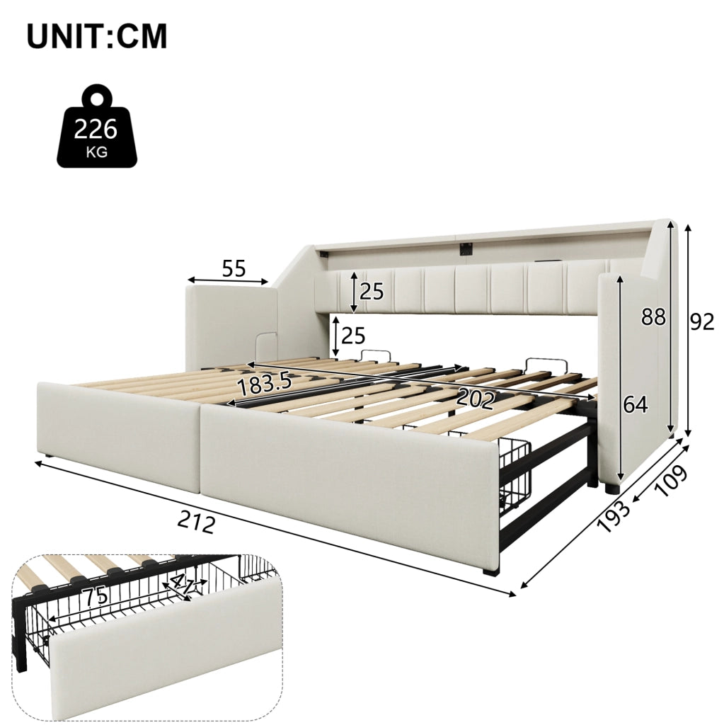 Letto da giorno beige 90x200 cm con estraibile 180x200, USB-C, LED e cassetti