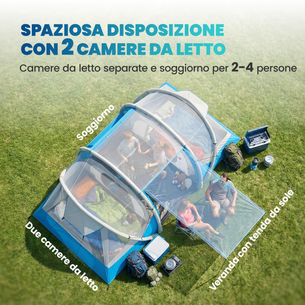 Tenda Gonfiabile-Tenda da campeggio, Facile da Montare, 4 Persone, 2 Camere da Letto, Blu