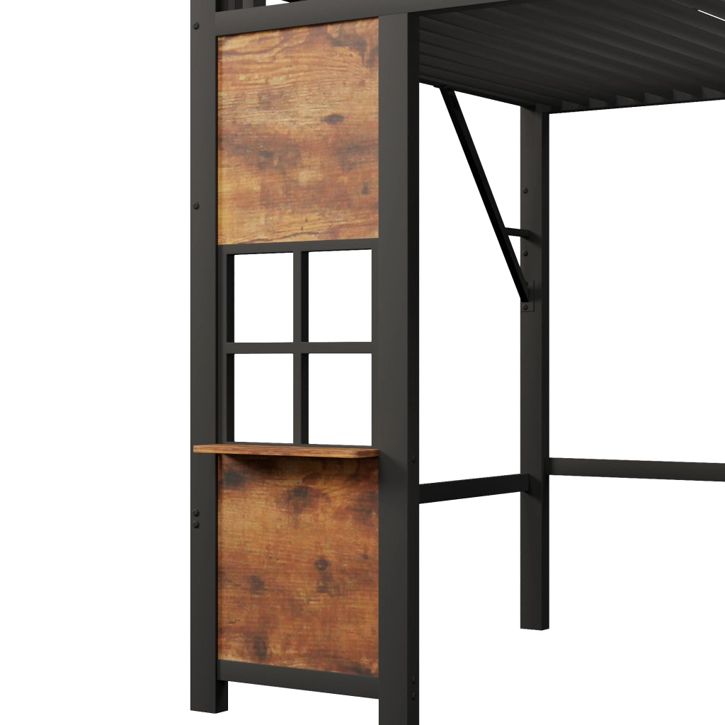 Letto a soppalco 140x200 cm con scala contenitore; finestra; spazio libero sottostante e parapetto; metallo nero