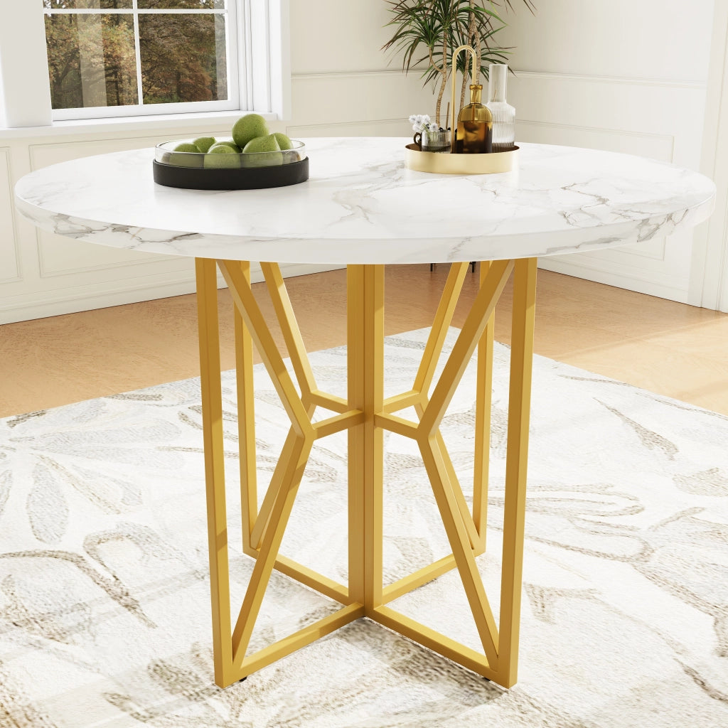 Tavolo da pranzo rotondo con piano in MDF effetto marmo e gambe in metallo regolabili per soggiorno, oro, 80 × 80 × 76 cm
