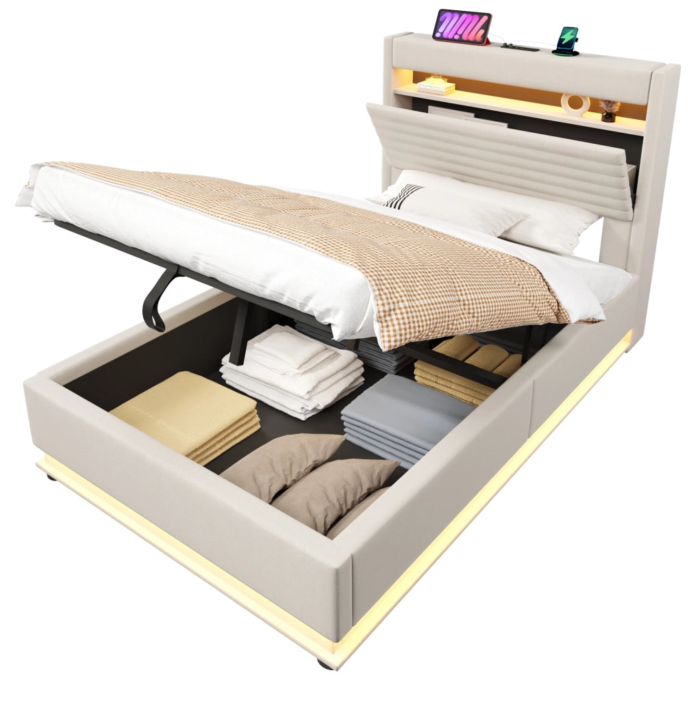 Letto imbottito 90x200 cm con contenitore; LED e ricarica USB Type-C in lino beige