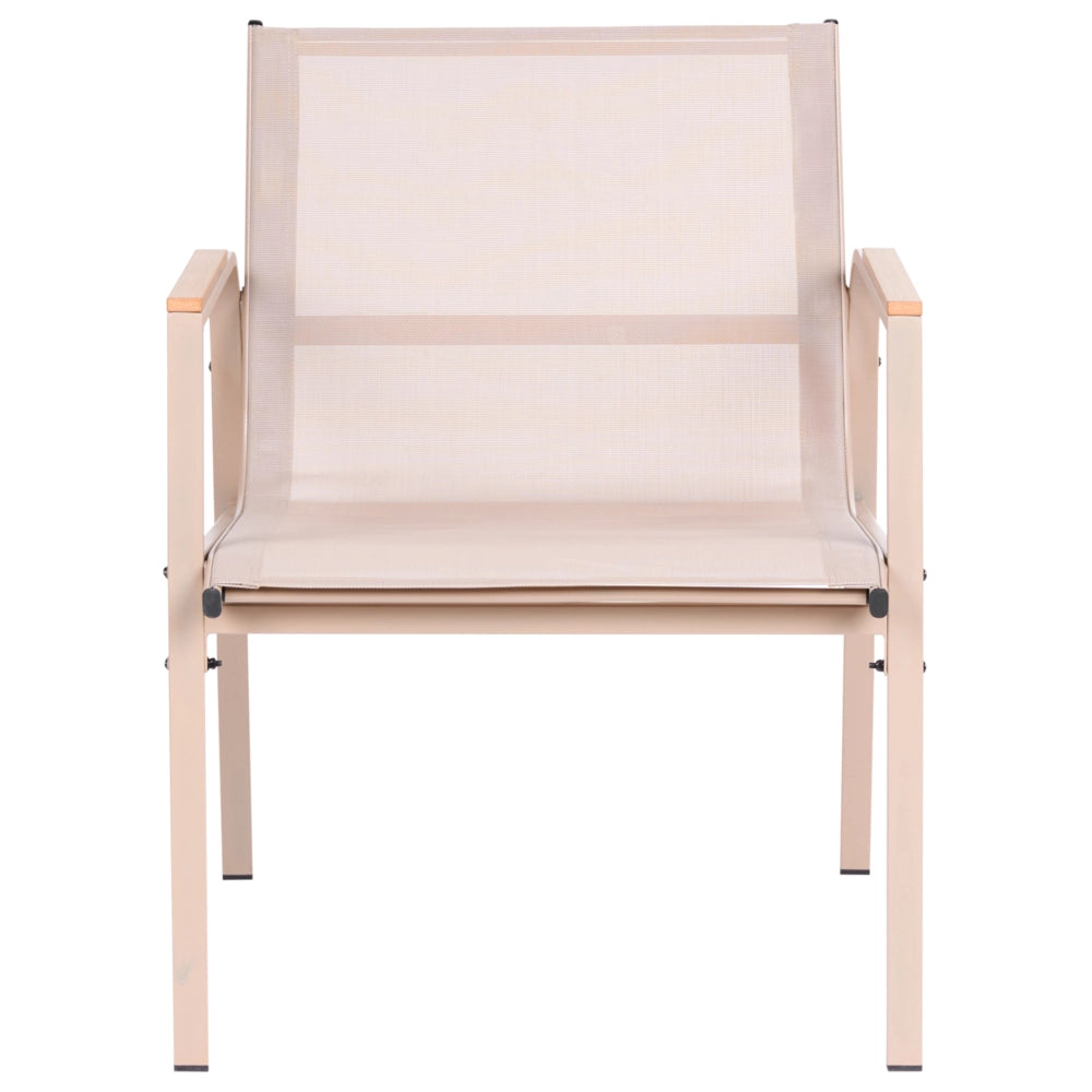Set da giardino beige in acciaio verniciato a polvere, 4 posti con poltrone e tavolino in vetro, set da conversazione da esterno dal design moderno