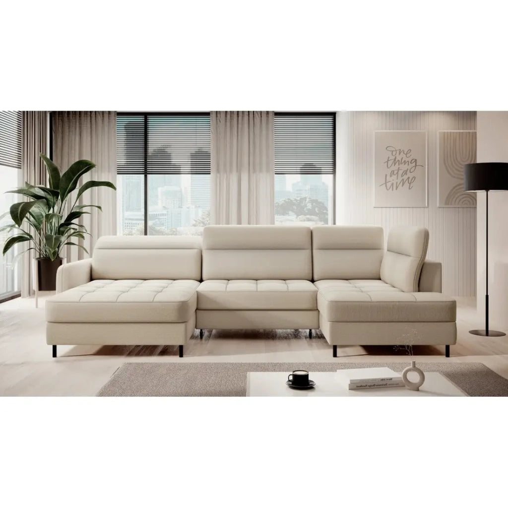 Divano angolare trasformabile BERTHO 306 cm beige – Angolo sinistro con contenitore