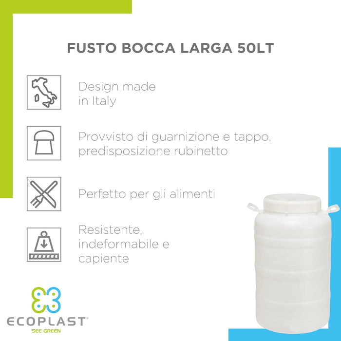 FUSTO CONTENITORE BOCCA LARGA 50 LT. BIANCO PER ALIMENTI CON TAPPO A VITE