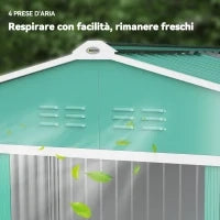 Casetta Porta Attrezzi in Acciaio con Tetto Inclinato e 2 Porte Scorrevoli, 277x195x192 cm, Verde Scuro