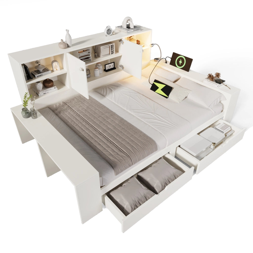 Letto contenitore 140x200cm bianco con cassetti, USB/Type-C, luce lettura, senza materasso