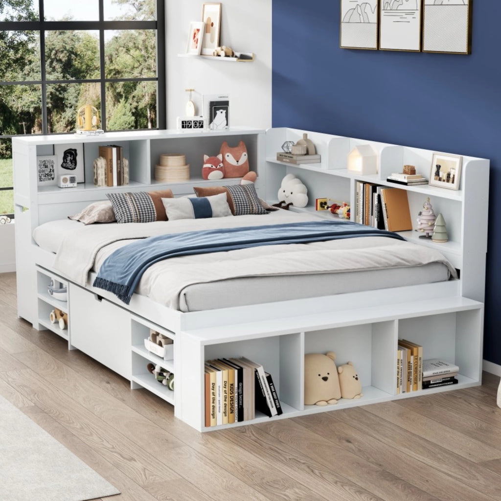 Letto per bambini 140x200 cm con cassetti, libreria e armadietti, rete a doghe, bianco