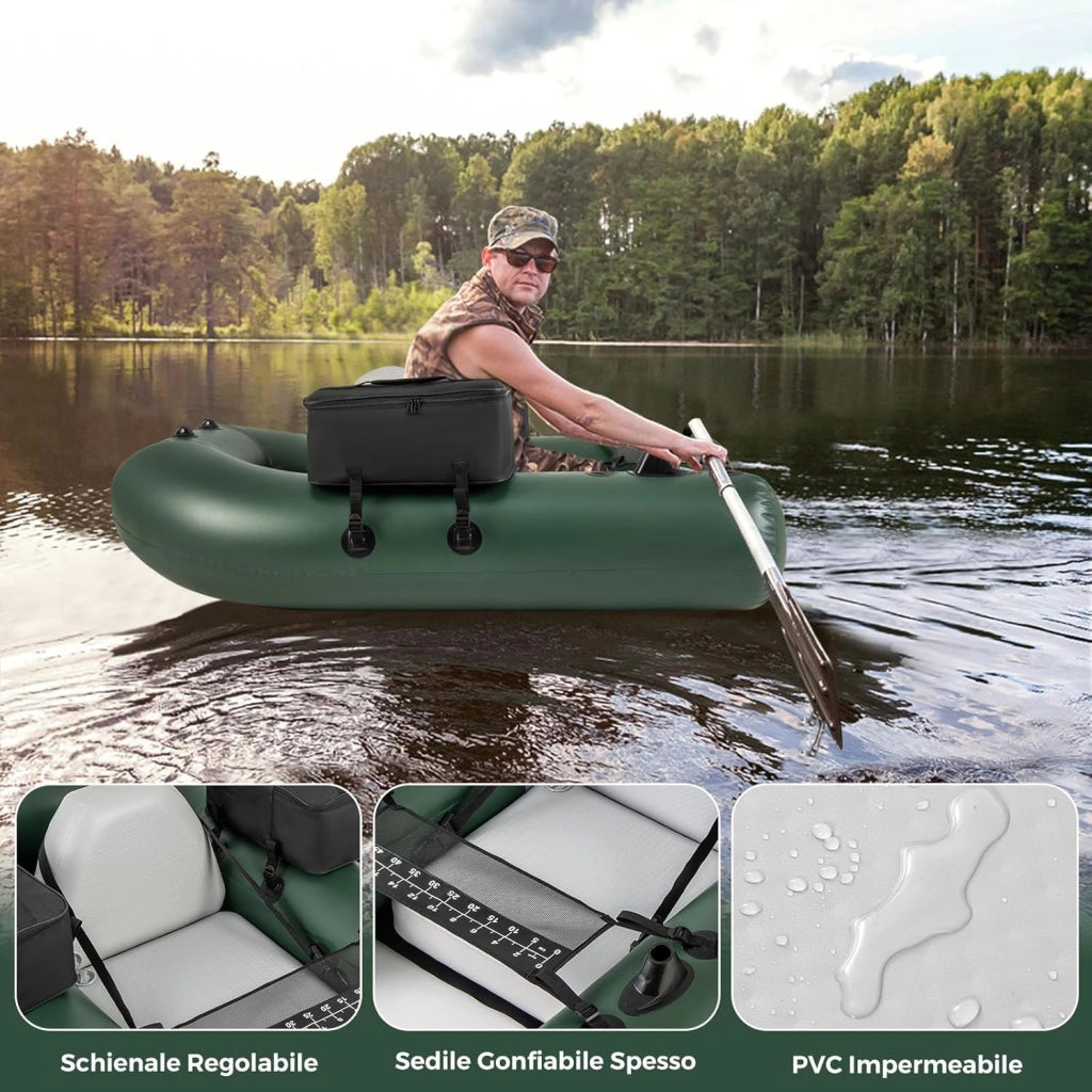 Belly Boat da Pesca, Gommone Gonfiabile da Pesca con 2 Porta Canne, Pompa, Borsa di Trasporto e Kit di Riparazione, Barca da Mare con Compatibile con Motore Fuoribordo, capacità 100kg