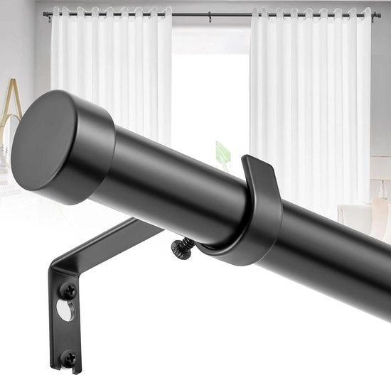 Regolatore di tenda estensibile in nero, regolabile fino a 305 cm, con fermagli e decorazioni per soggiorno, camera da letto e ufficio. Adatto per tende di 25 mm di diametro.