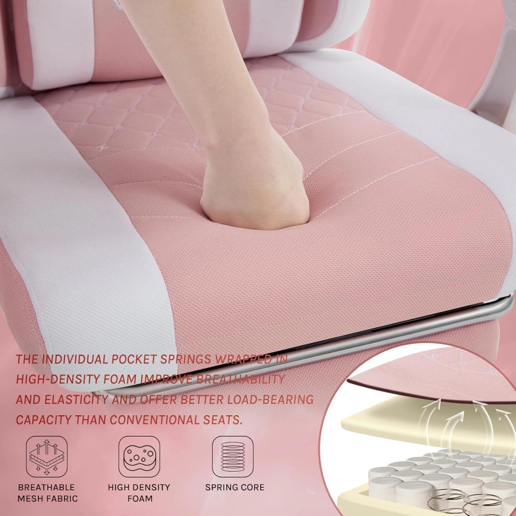 Sedia Gaming con Massaggio, Poltrona Ufficio Ergonomica, Ampia Sedia Girevole Imbottita per Computer con Cuscino Lombare Massaggiante, Carico 150 Kg, Tessuto a rete Rosa+Bianco