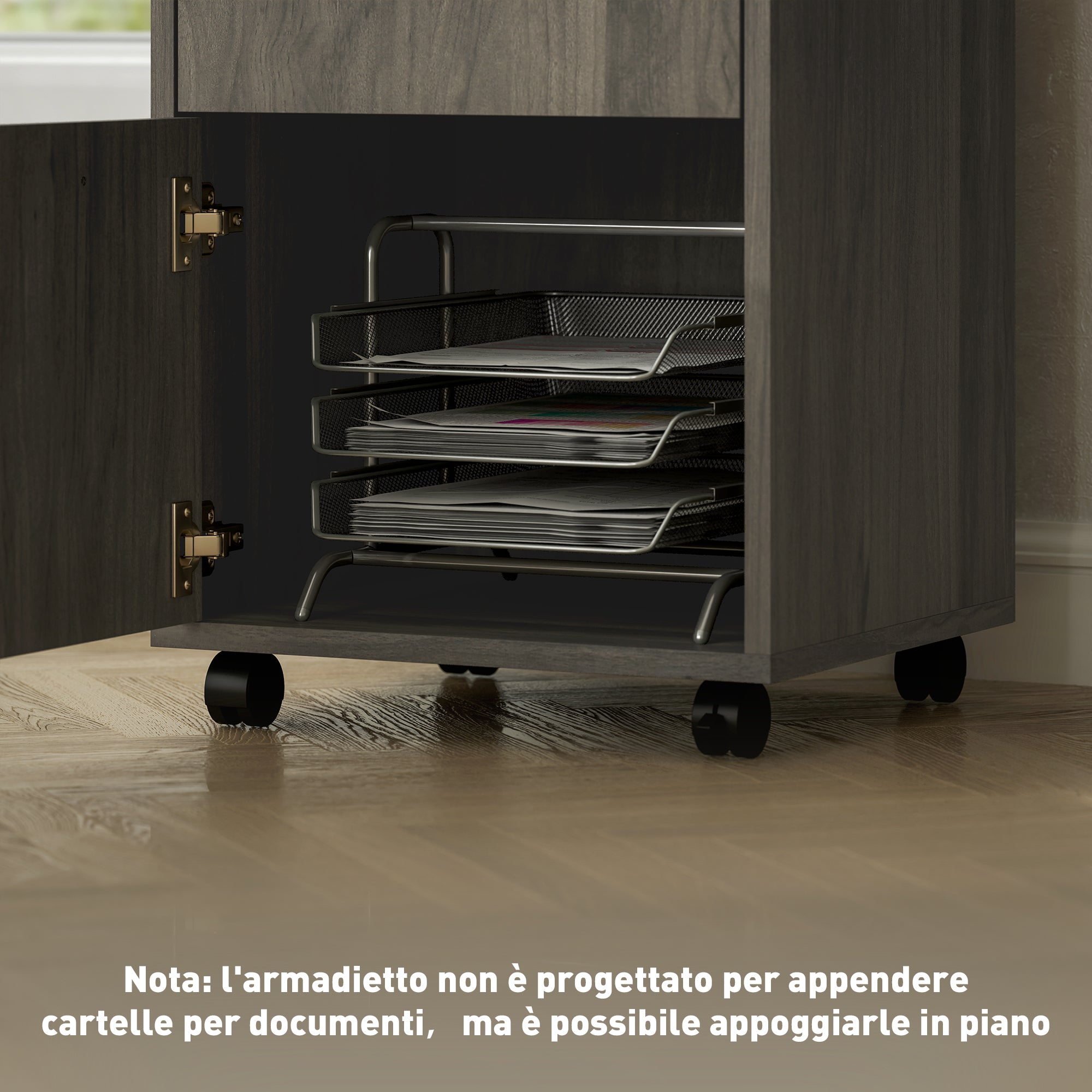 Cassettiera Portadocumenti a 4 Ruote 40x35x60 cm con Ripiano Aperto e Cassetti in Legno e Metallo Grigio