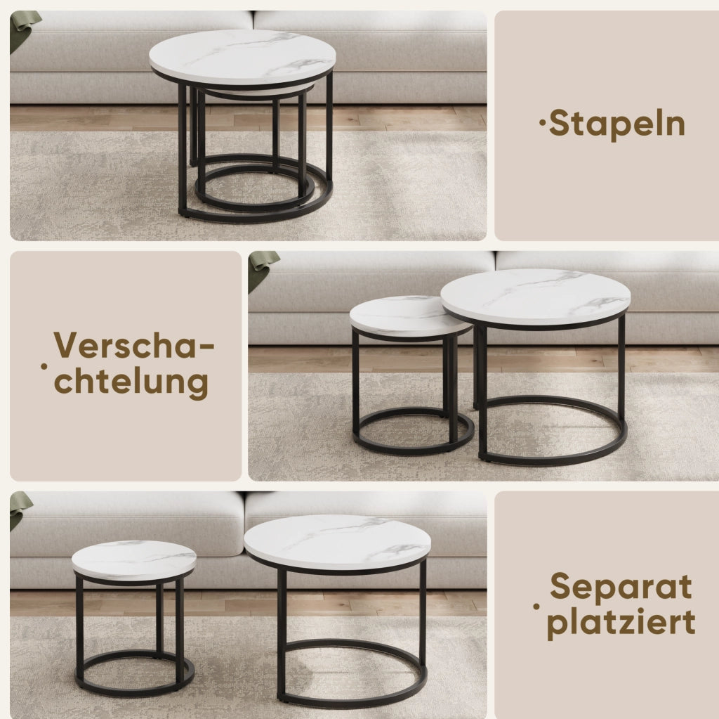 Set di 2 tavolini da caffè rotondi impilabili 60/40 cm in truciolare e metallo; bianco