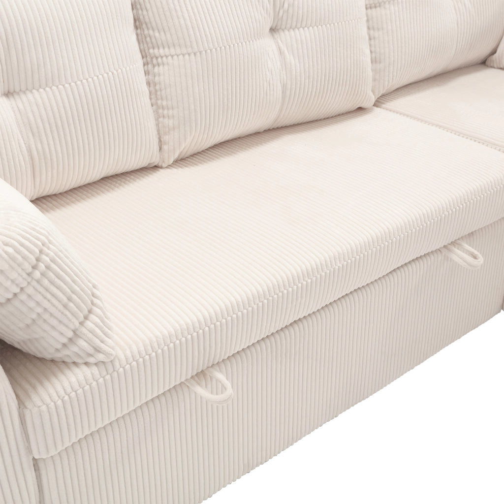 Divano letto modulare con vano contenitore e chaise longue reversibile in tessuto a coste beige