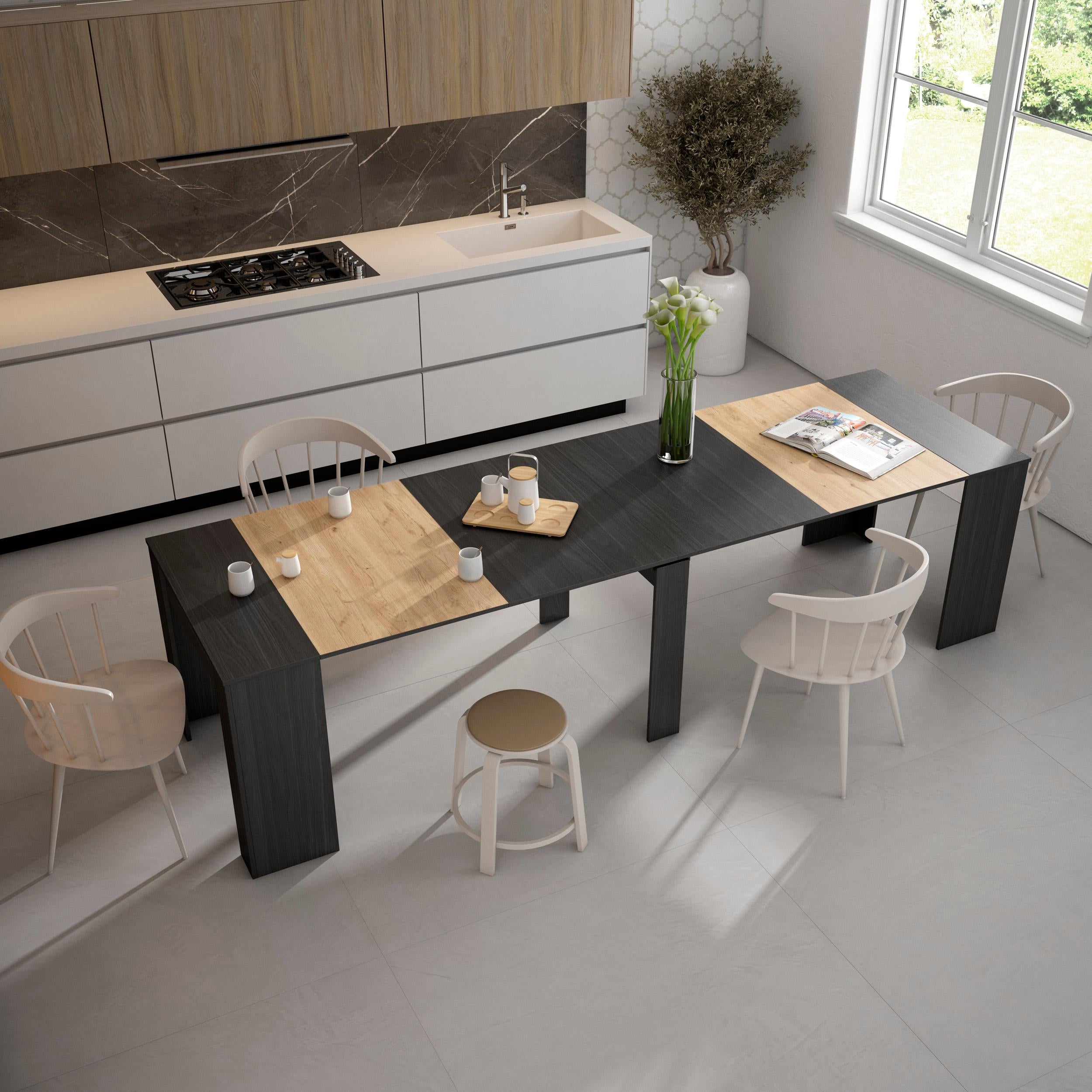 Consolle allungabile, 302x90x77cm, Per 14 persone, Tavolo da pranzo, Nero e colore Rovere RF2655