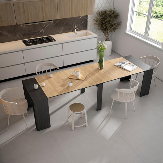 Consolle allungabile, 302x90x77cm, Per 14 persone, Tavolo da pranzo, Nero e colore Rovere RF2654