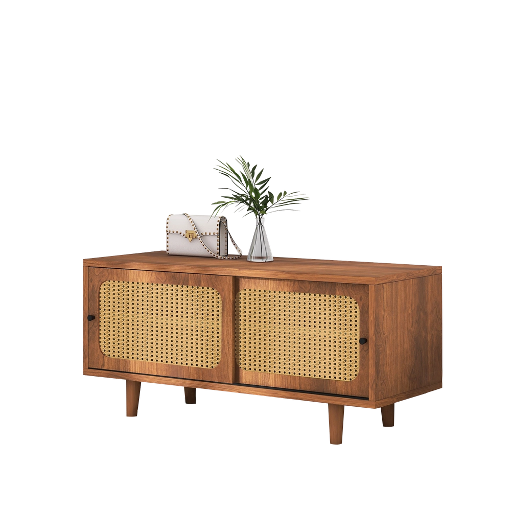 Scarpiera con 2 Ante in Rattan ¨C MINIMAL ¨C Legno Noce, Ripiani Regolabili, 104x40x48 cm