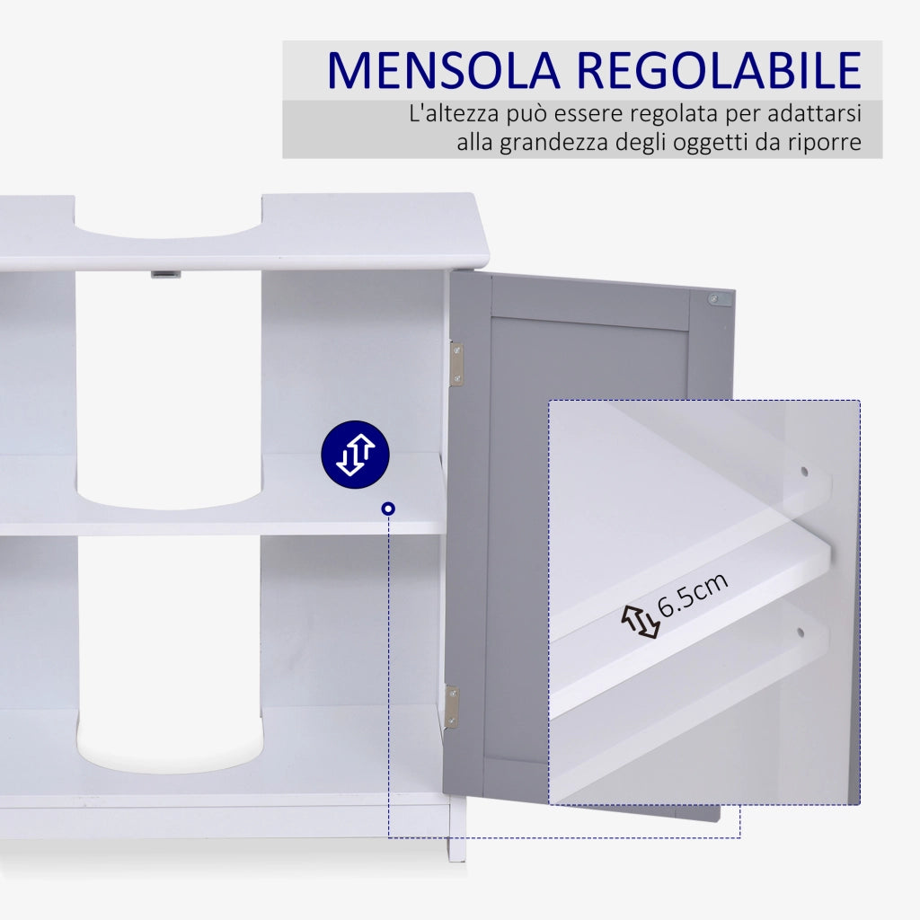 EasyComfort Mobile Sottolavabo a 2 Ante con Ripiano Regolabile, Armadietto Bagno Salvaspazio con Intaglio a U, 60x30x60 cm, Bianco e Grigio