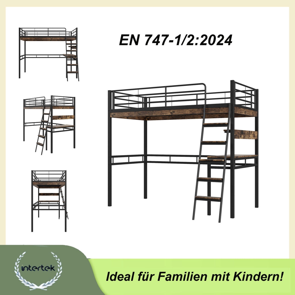 Letto a soppalco 90x200 cm con scrivania; scaffali e scala in metallo e MDF nero