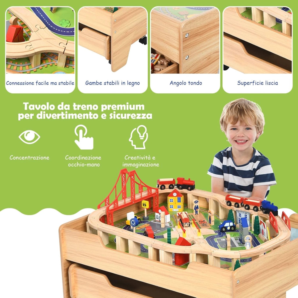 Set Tavolo di Legno con Binari Ferroviari per Bambini, Tavolo Attività e Cassetto con Ruote Bloccabili, con 100 Pezzi Multicolore, Struttura Resistente, Regalo per Bambini +3 anni