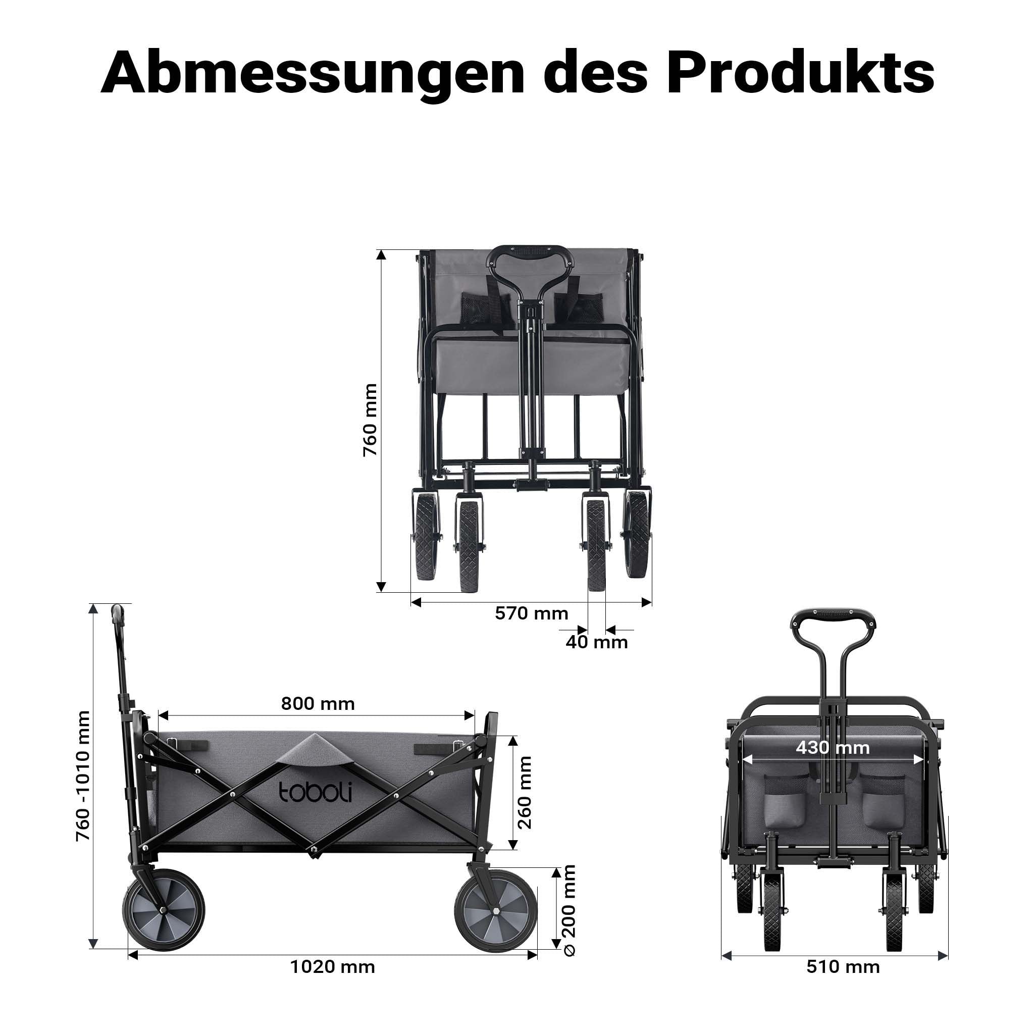 Toboli Carretto a mano pieghevole, max 100 kg, tessuto impermeabile grigio e manico telescopico, Carrello spiaggia