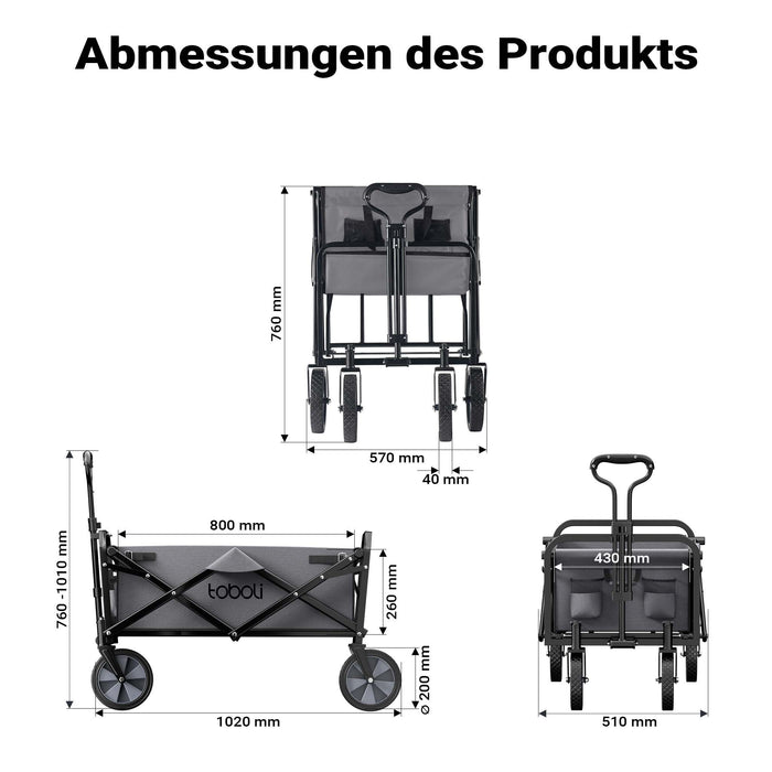 Toboli Carretto a mano pieghevole, max 100 kg, tessuto impermeabile grigio e manico telescopico, Carrello spiaggia