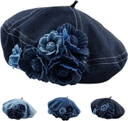 Berretto per Donna – Berretto d'Artista Francese – Berretto con Fiori di Jeans e Parasole per il Sole