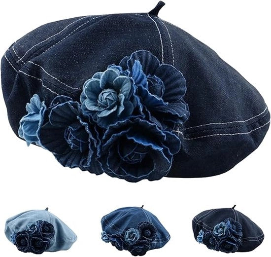Berretto per Donna – Berretto d'Artista Francese – Berretto con Fiori di Jeans e Parasole per il Sole