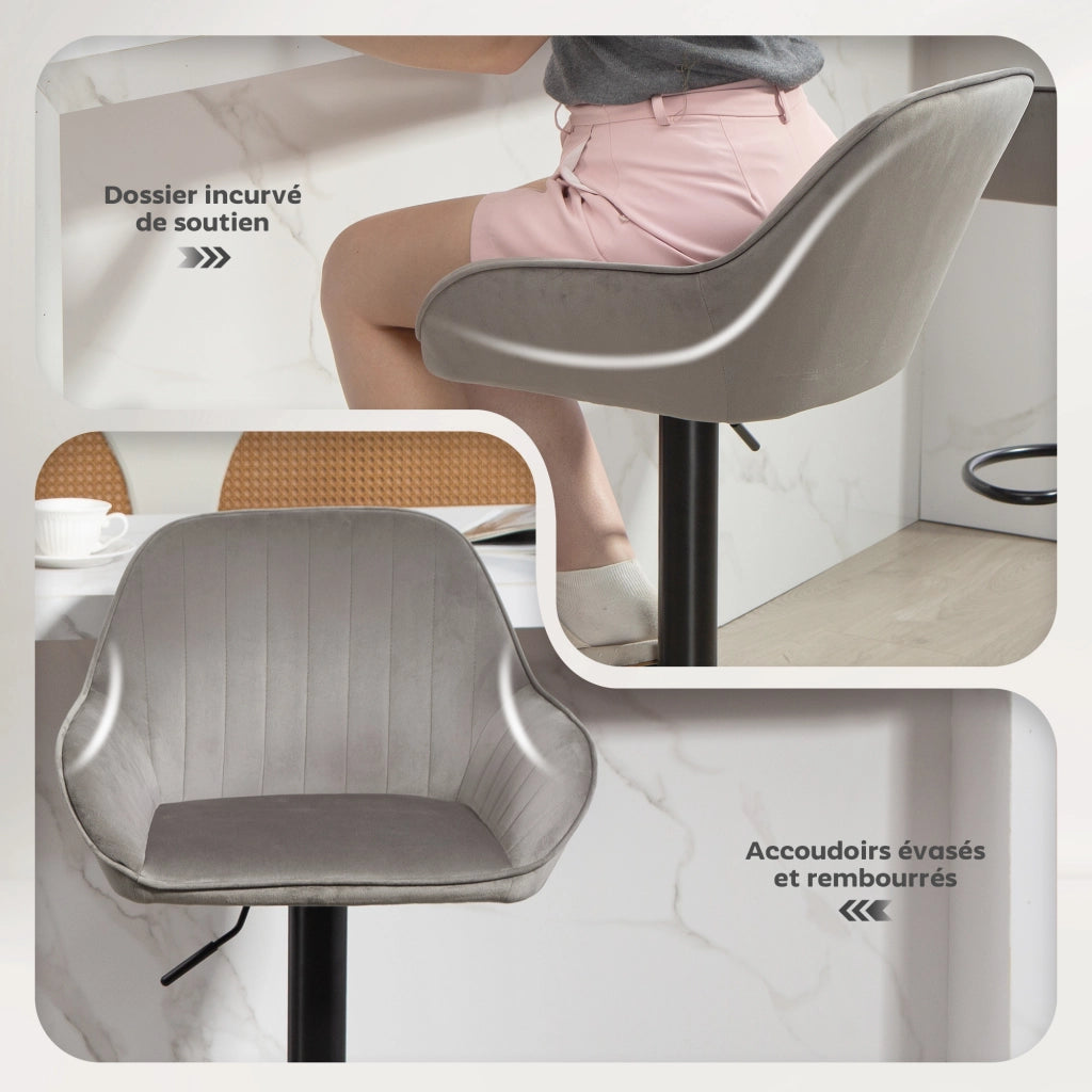 Sgabello da bar in velluto con schienale, poggiapiedi e altezza regolabile ¨C Minimal ¨C Grigio