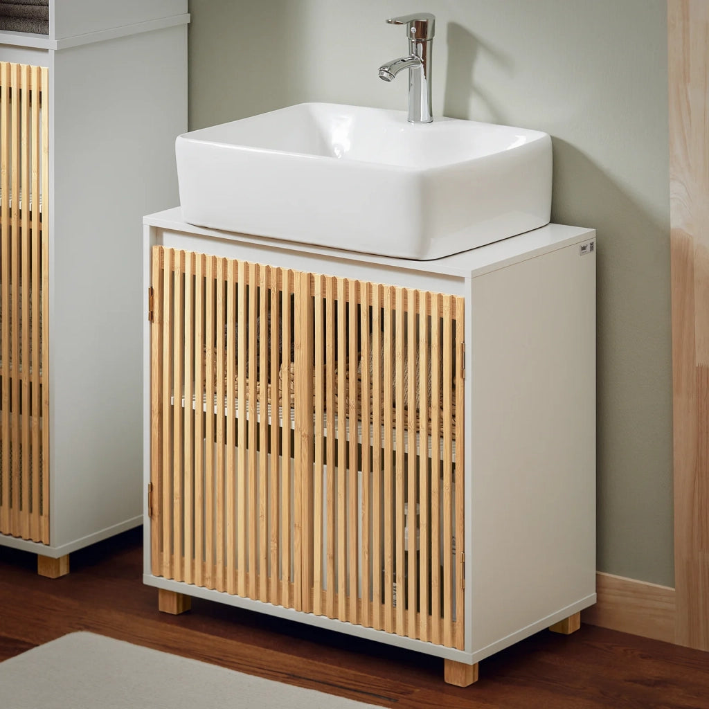 Mobile Sottolavabo Con Due Ante In Bambù Mobile Base Mobiletto Del Bagno Senza Lavandino Bianco-Naturale 60x33x60cm BZR125-W SoBuy
