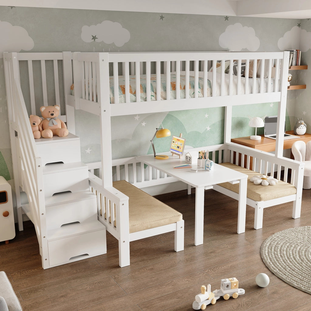 DESMIU Letto a castello 2 posti con scala contenitore, tavolo ribaltabile e barriera, 90 × 200 e 120 × 200 cm, senza materasso
