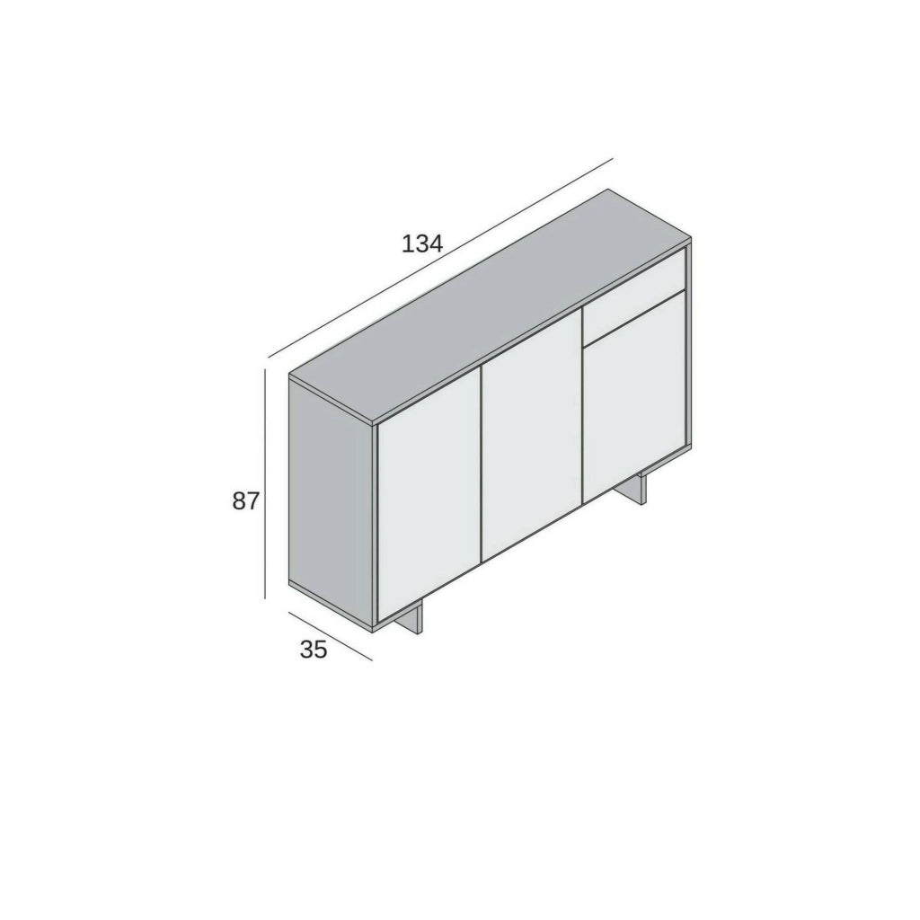 Credenza Arius, Madia da salotto, Buffet da soggiorno a 3 ante e 1 cassetto, 100% Made in Italy, 134x35h87 cm, Bianco e Cemento