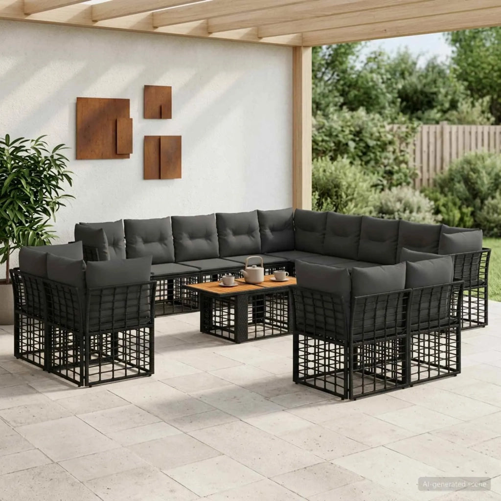 Set Divano da Giardino 14 pz Nero e Grigio scuro polyrattan 3437933