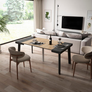 Consolle allungabile, 180x90x73cm, Per 8 persone, Gambe in legno, Nero e colore Rovere RF2997