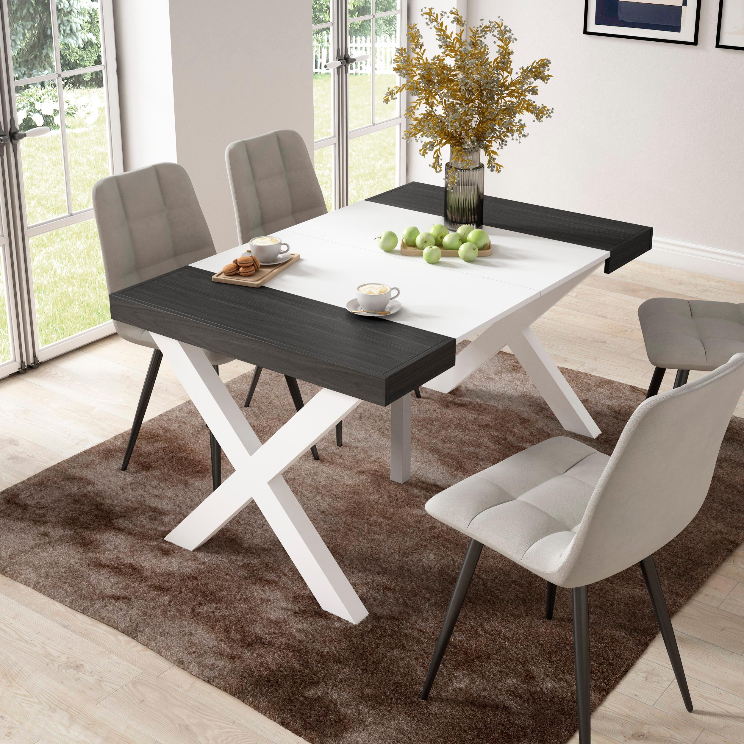 Consolle allungabile, 58 fino 140x90x73cm, Per 6 persone, Gambe in legno, Bianco e nero RF2724