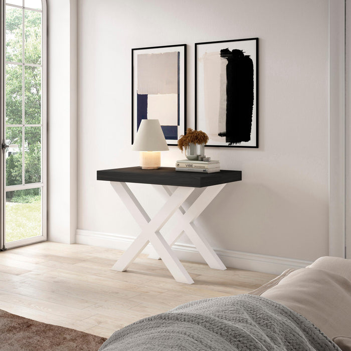 Consolle allungabile, 58 fino 180x90x73cm, Per 8 persone, Gambe in legno, Bianco e nero RF2768